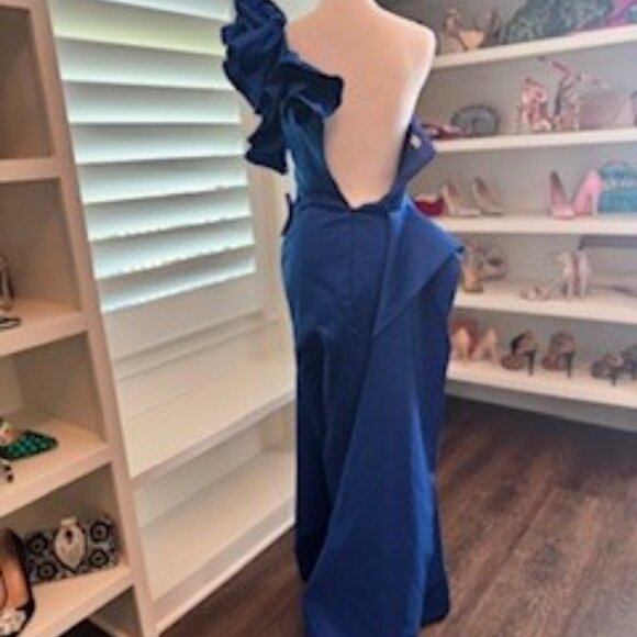Dramatic One-Shoulder Cobalt Blue Gown - Picture 3 of 7